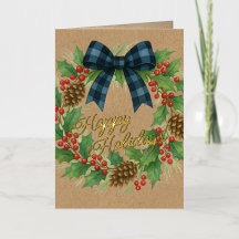 Rustic Holly Wreath Blue Black Chequered Bow