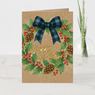 Rustic Holly Wreath Blue Black Chequered Bow Foil Holiday Card