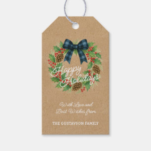 Rustic Holly Wreath Blue Black Chequered Bow Gift Tags