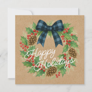 Rustic Holly Wreath Blue Black Chequered Bow Holiday Card