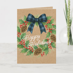 Rustic Holly Wreath Blue Black Chequered Bow Holiday Card