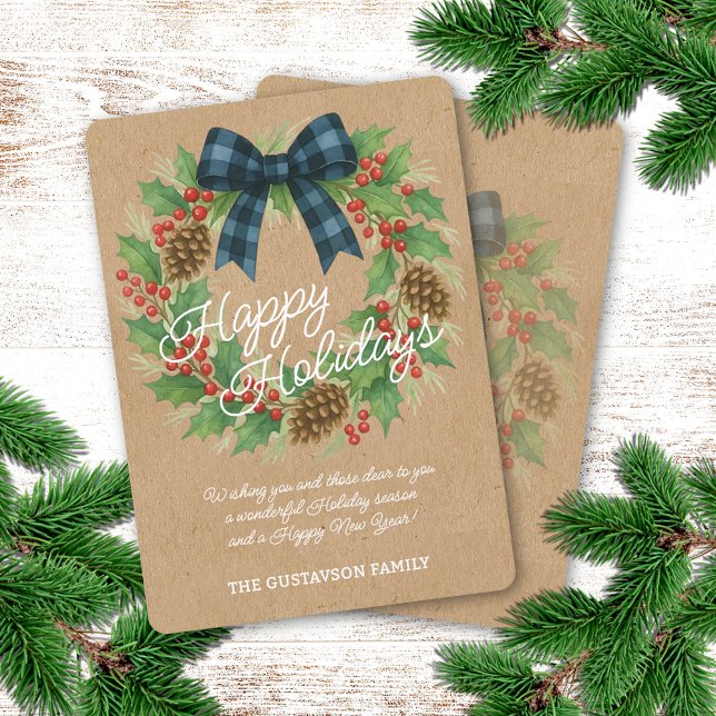 Rustic Holly Wreath Blue Black Chequered Bow Holiday Card (Creator Uploaded)