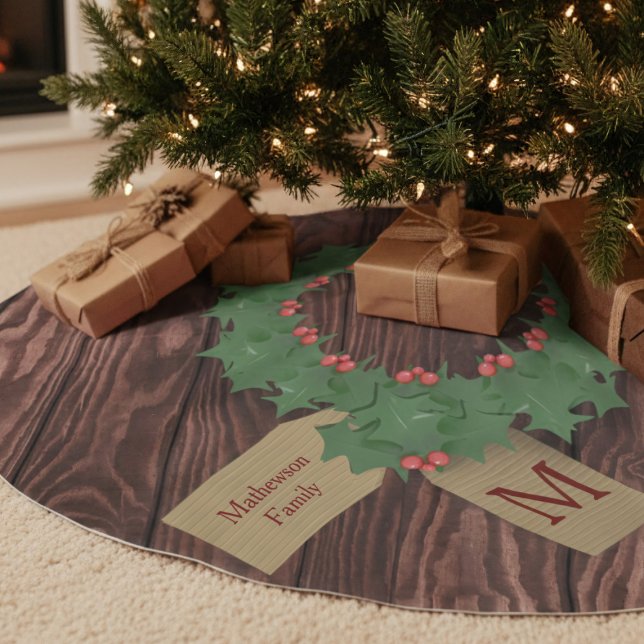 Rustic Holly Wreath Monogram Christmas Tree Skirt (Add a touch of rustic charm to your Christmas tree. Add your family name and initial)