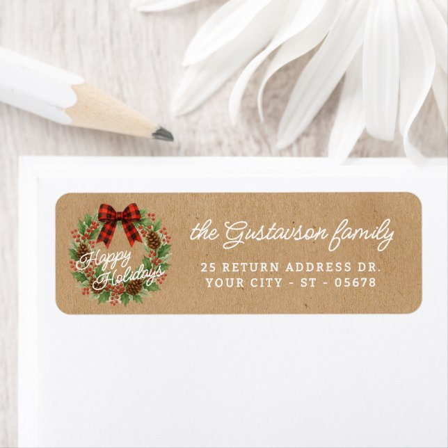 Rustic Holly Wreath Red Black Chequered Bow (Insitu)