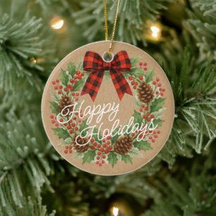 Rustic Holly Wreath Red Black Chequered Bow Ceramic Tree Decoration