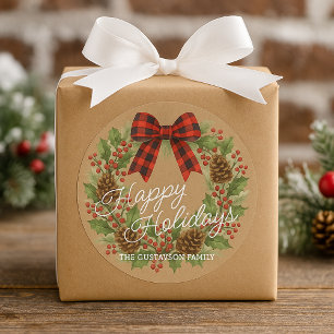 Rustic Holly Wreath Red Black Chequered Bow Classic Round Sticker