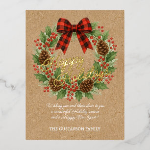 Rustic Holly Wreath Red Black Chequered Bow Gold Foil Holiday Postcard