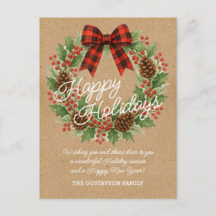 Rustic Holly Wreath Red Black Chequered Bow Holiday Postcard