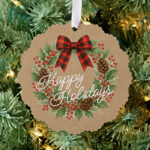 Rustic Holly Wreath Red Black Chequered Bow Tree Decoration Card