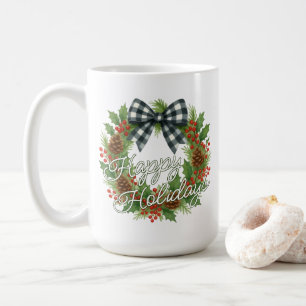 Rustic Holly Wreath White Black Checkered Bow Coffee Mug