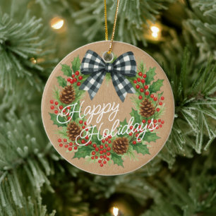 Rustic Holly Wreath White Black Chequered Bow Ceramic Tree Decoration