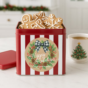 Rustic Holly Wreath White Black Chequered Bow Classic Round Sticker