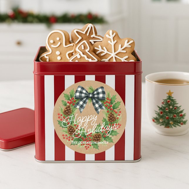 Rustic Holly Wreath White Black Chequered Bow Classic Round Sticker (Creator Uploaded)