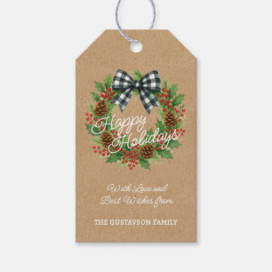 Rustic Holly Wreath White Black Chequered Bow Gift Tags