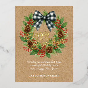 Rustic Holly Wreath White Black Chequered Bow Gold Foil Holiday Postcard