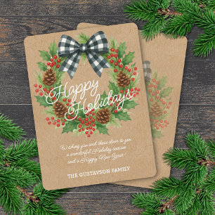 Rustic Holly Wreath White Black Chequered Bow Holiday Card