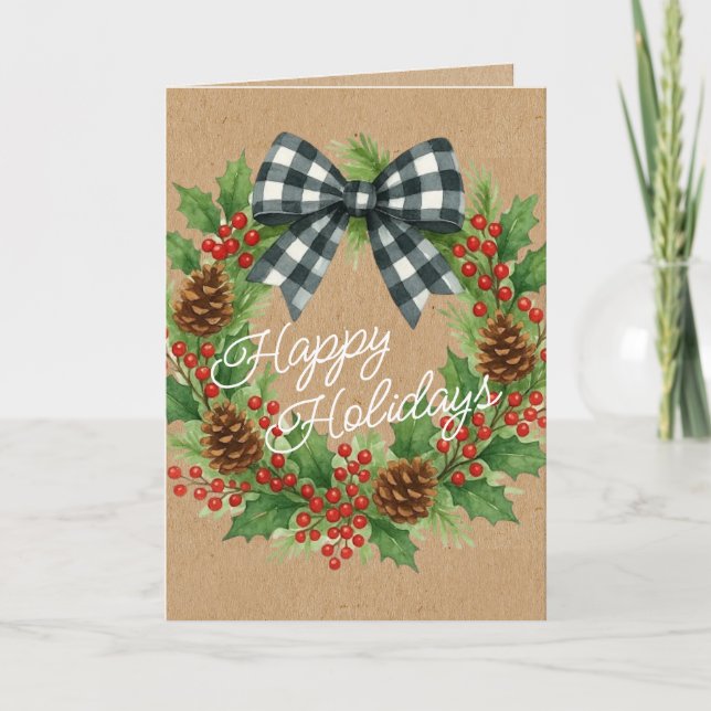 Rustic Holly Wreath White Black Chequered Bow Holiday Card (Front)