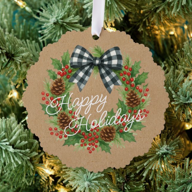 Rustic Holly Wreath White Black Chequered Bow Tree Decoration Card (Insitu (Tree))