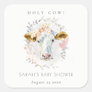 Rustic Holy Cow Farm Floral Wreath Baby Shower Square Sticker