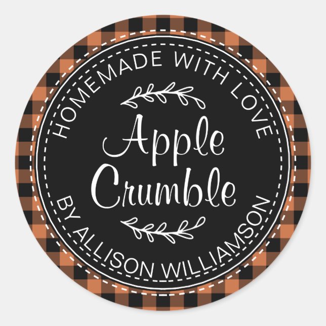 Rustic Homemade Apple Crumble Burnt Orange Check Classic Round Sticker (Front)