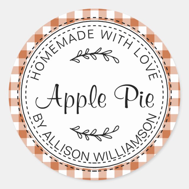Rustic Homemade Apple Pie Burnt Orange Check Classic Round Sticker (Front)