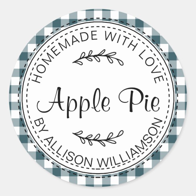 Rustic Homemade Apple Pie Emerald Green Check Classic Round Sticker (Front)