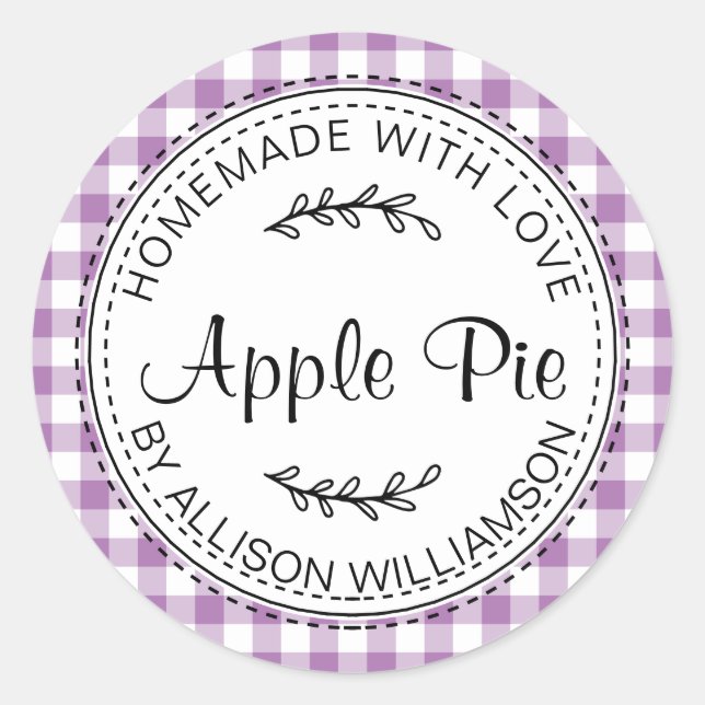 Rustic Homemade Apple Pie Lavender Purple Check Classic Round Sticker (Front)