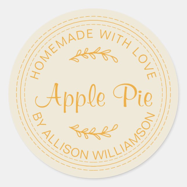Rustic Homemade Apple Pie Mellow Yellow Script Classic Round Sticker (Front)