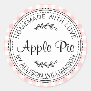 Rustic Homemade Apple Pie Pink White Check Classic Round Sticker