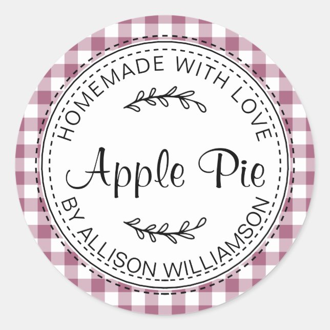 Rustic Homemade Apple Pie Plum Purple Check Classic Round Sticker (Front)