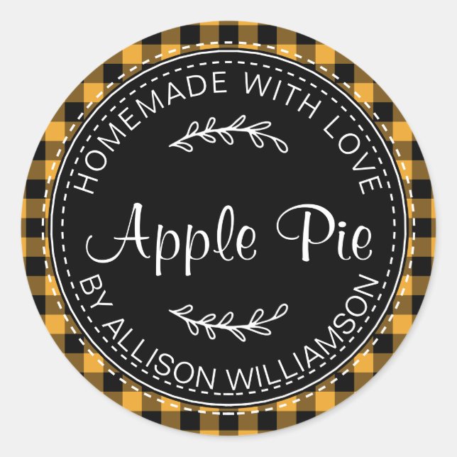 Rustic Homemade Apple Pie Yellow Black Plaid Classic Round Sticker (Front)