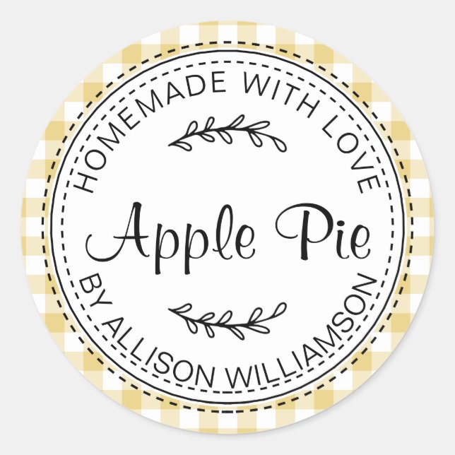 Rustic Homemade Apple Pie Yellow Check Classic Round Sticker (Front)