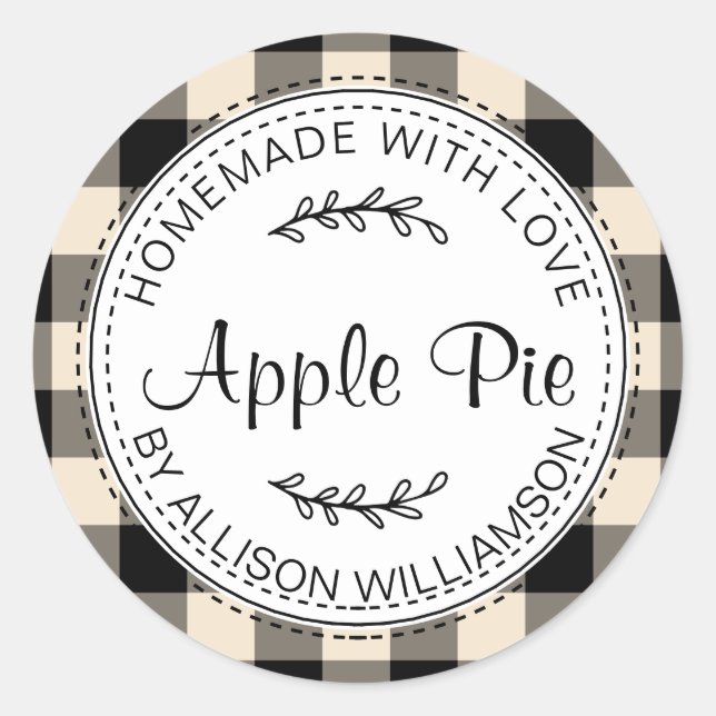 Rustic Homemade Baked Goods Apple Pie Black Check Classic Round Sticker (Front)