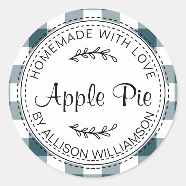 Rustic Homemade Baked Goods Apple Pie Blue Check Classic Round Sticker (Front)