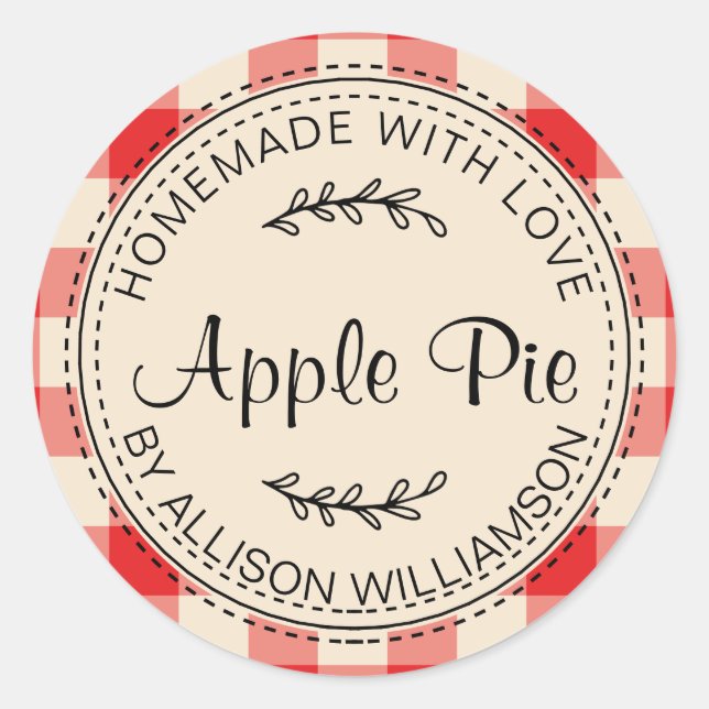 Rustic Homemade Baked Goods Apple Pie Red Check Classic Round Sticker (Front)