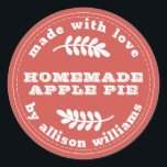 Rustic Homemade Baked Goods Apple Pie Vintage Red Classic Round Sticker<br><div class="desc">Rustic and modern homemade baked goods apple pie sticker with the text made with love, home made apple pie and your name in stylish white retro typography on a vintage red background with a stylish touch of foliage and a vintage feel. Simply add your name and the product name to...</div>