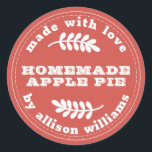 Rustic Homemade Baked Goods Apple Pie Vintage Red Classic Round Sticker<br><div class="desc">Rustic and modern homemade baked goods apple pie sticker with the text made with love, home made apple pie and your name in stylish white retro typography on a vintage red background with a stylish touch of foliage and a vintage feel. Simply add your name and the product name to...</div>