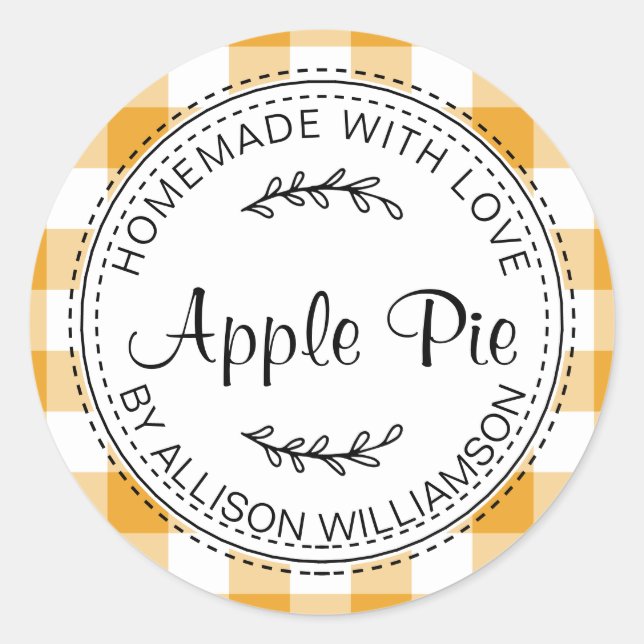 Rustic Homemade Baked Goods Apple Pie Yellow Check Classic Round Sticker (Front)