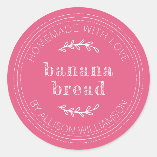 Rustic Homemade Baked Goods Banana Bread Hot Pink Classic Round Sticker (Front)