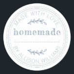 Rustic Homemade Baked Goods Jam Can Vintage Blue Classic Round Sticker<br><div class="desc">Rustic homemade baked goods or jam canning sticker with the text homemade, made with love and your name in vintage blue modern typography on a white background. Simply add your name to the label. You can write the product names on the stickers when the products are made. Exclusively designed for...</div>