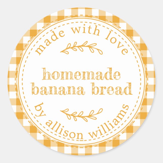 Rustic Homemade Banana Bread Mellow Yellow Check Classic Round Sticker (Front)