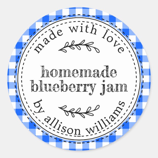 Rustic Homemade Blueberry Jam Bright Blue Check Classic Round Sticker (Front)