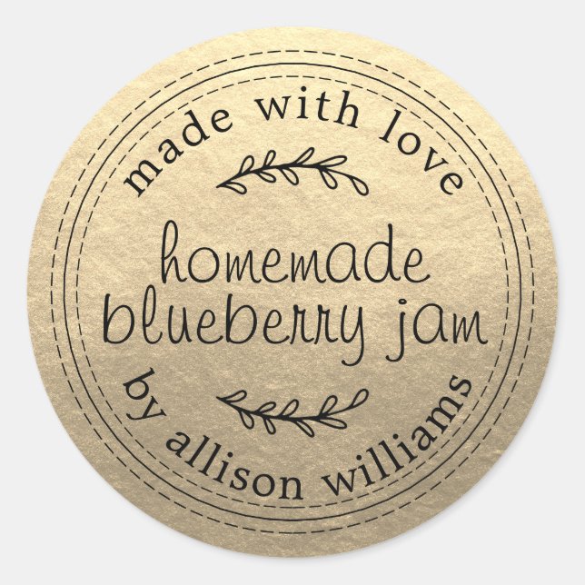 Rustic Homemade Blueberry Jam Can Gold Classic Round Sticker (Front)