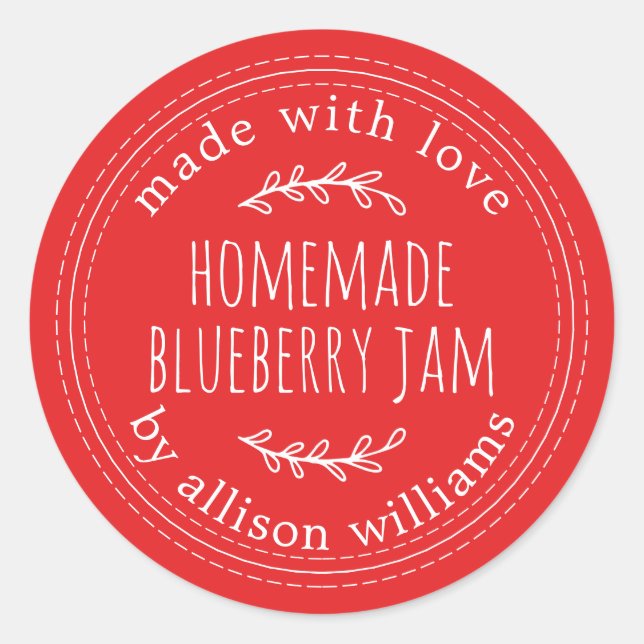 Rustic Homemade Blueberry Jam Canning Bright Red Classic Round Sticker (Front)