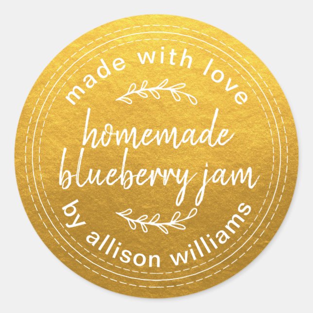Rustic Homemade Blueberry Jam Canning Gold Classic Round Sticker (Front)