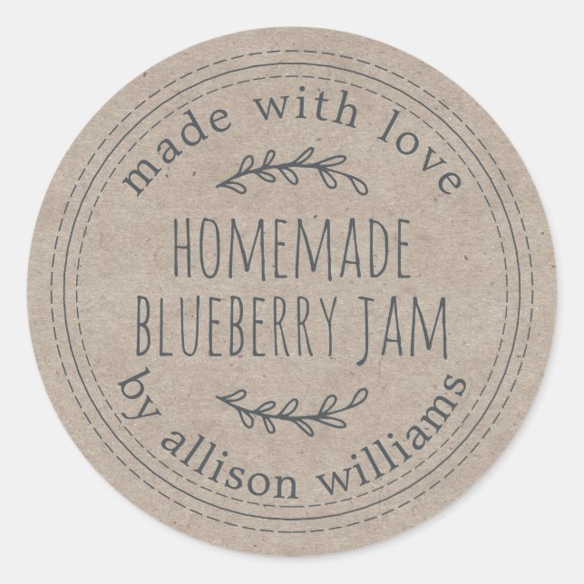 Rustic Homemade Blueberry Jam Canning Kraft Paper Classic Round Sticker (Front)