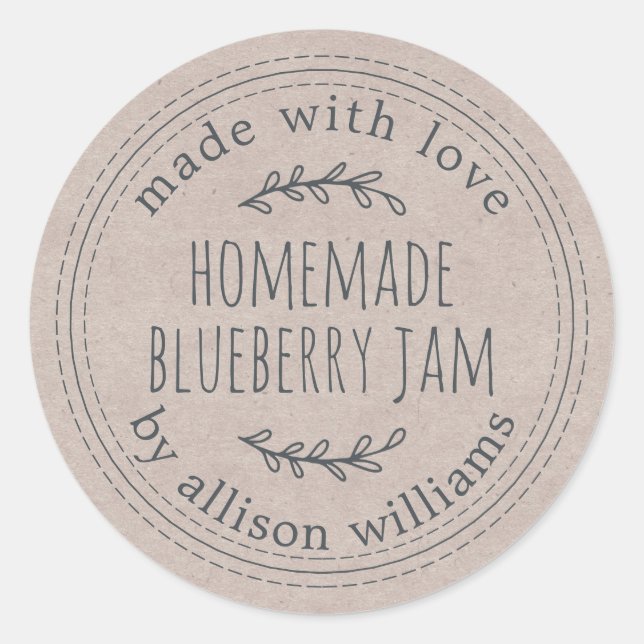 Rustic Homemade Blueberry Jam Canning Kraft Paper Classic Round Sticker (Front)