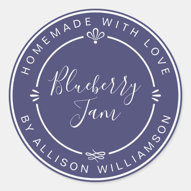 Rustic Homemade Blueberry Jam Canning Navy Blue Classic Round Sticker (Front)