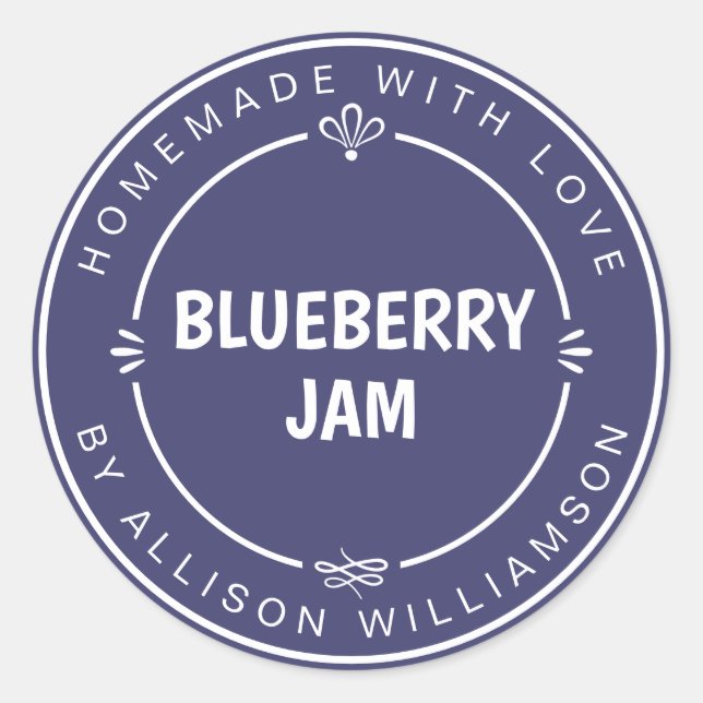 Rustic Homemade Blueberry Jam Canning Navy Blue Classic Round Sticker (Front)