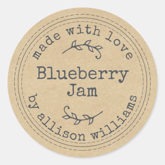 Rustic Homemade Blueberry Jam Kraft Paper Classic  Classic Round Sticker (Front)